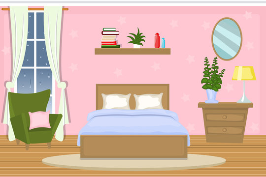 The interior of the bedroom. Cozy room with furniture. Cartoon. Vector. Stock Vector | Adobe Stock The interior of the bedroom. Cozy room with furniture. Cartoon. Vector. Stock Vector | Adobe Stock