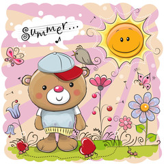 Obraz premium Cute Cartoon Teddy Bear on the meadow