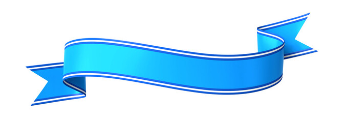Curled blue ribbon banner with white border - arc up and down with wavy ends  - obrazy, fototapety, plakaty