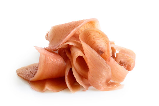 Heap Of Pickled Pink Ginger Slices Isolated On White.