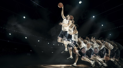 basketball player jumping with ball on professional court arena. collage