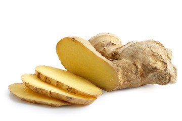 Sliced ginger root isolated on white.