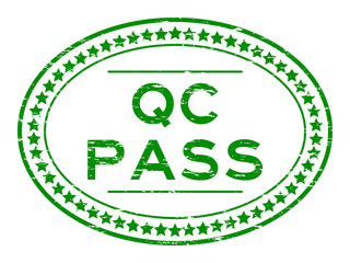 Grunge green QC pass oval rubber seal stamp on white background