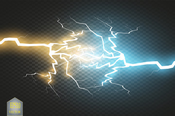 Collision of two forces with gold and blue light. Vector illustration. Hot and cold sparkling power. Energy lightning with electric discharge isolated on transparent background