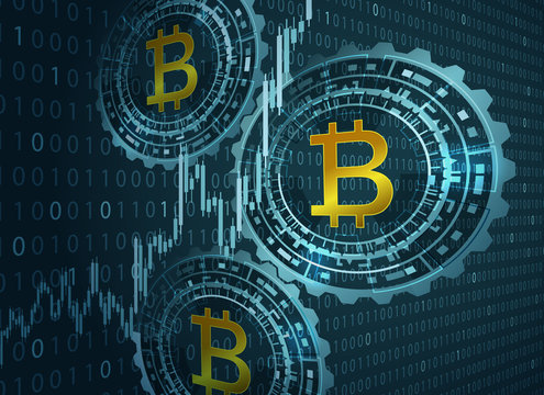 Bitcoin symbol and digital background.