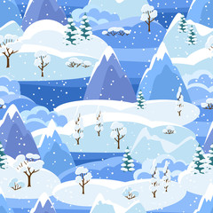 Winter seamless pattern with trees, mountains and hills. Seasonal landscape illustration