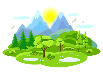 Spring landscape with trees, mountains and hills. Seasonal illustration