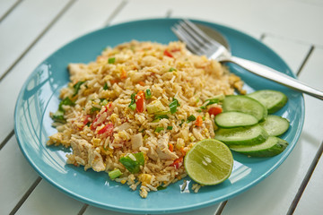 Fried rice with pork fried rice with chicken on the table white