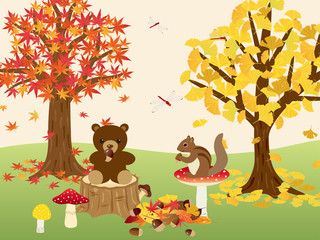 秋の森の動物たち