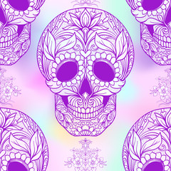 Seamless pattern, background with sugar  skull and floral pattern. Neon vanilla colors. Stock line vector illustration.