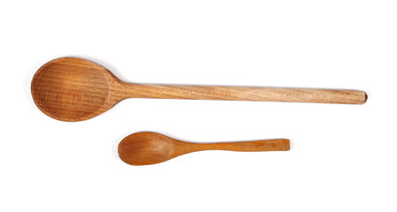 Two wooden spoons, isolated on white background, olive tree