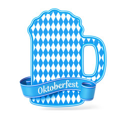 Blue bavarian ribbon banner with beer mug silhouette card - diamond pattern - Oktoberfest