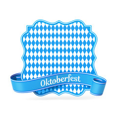 Blue bavarian ribbon banner with vintage rectangle silhouette card - diamond pattern - Oktoberfest