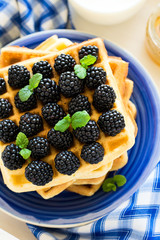 Healthy breakfast: Belgian waffles with blackberries, honey and milk decorated mint leaves and blue napkin on white wooden salver. Warm light. Selective focus