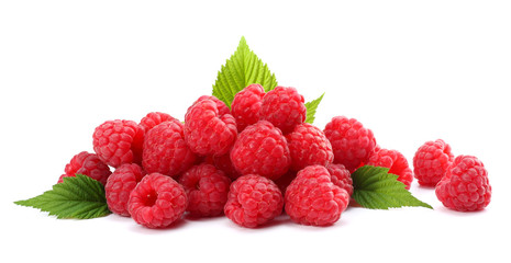 ripe raspberries with green leaf isolated on white background macro