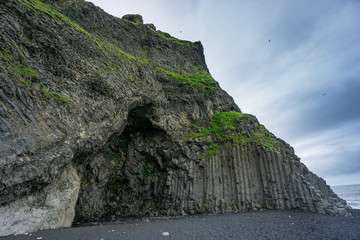 Iceland - Famous beach of Vik with basalt columns, green moss and lot of birds