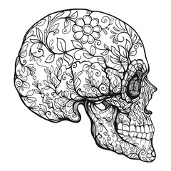 Sugar skull. The traditional symbol of the Day of the Dead. Stock line vector illustration. Outline drawing.