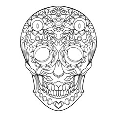 Sugar skull. The traditional symbol of the Day of the Dead. Stock line vector illustration. Outline drawing.