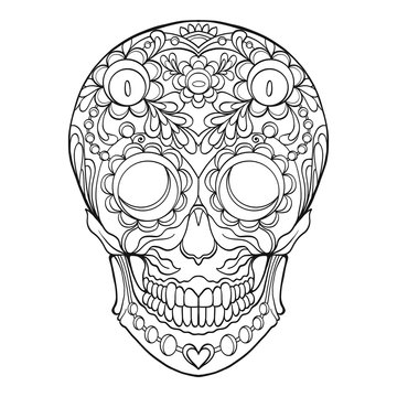 Sugar skull. The traditional symbol of the Day of the Dead. Stock line vector illustration. Outline drawing.

