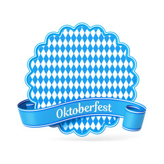 Blue bavarian ribbon banner with stylized flower silhouette card - diamond pattern - Oktoberfest