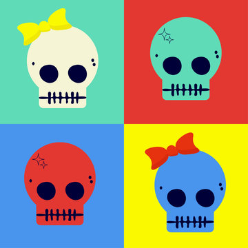 Pop art styled flat vector illustration of cute skulls.  Could be also used as Day of the Dead sugar Skulls or as halloween poster or t-shirt print.