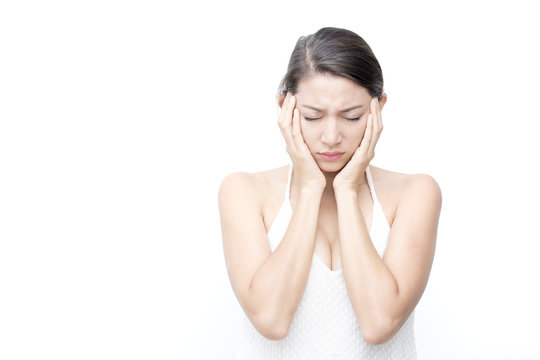 Asian Woman feelling sad. Woman with sad emotion concept. isolated on with background