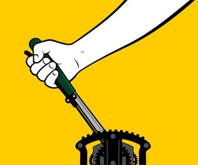Male hand using mechanical lever 