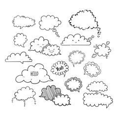 Set of hand-drawn cloud speech bubbles, black and white vector abstract illustration of speech bubbles, EPS 8