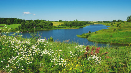 Sunny summer scene.Landscape with flowing river Krasivaya in Tula region,Russia 
