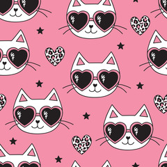seamless pink cat with leopard print pattern vector illustration