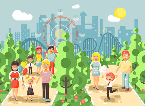 Vector illustration walk stroll promenade of parents with children, child s day, entertainment and leisure in amusement park outdoor, roller coaster switchback background, cityscape flat style