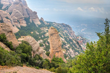 Fototapeta na wymiar Montserrat green rocks near the Montserrat abbey, Catalonia