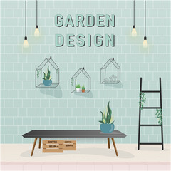 Living area  and garden design in Pastel mood and tone. with green wall and plant decorate