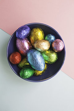 over head shot of colourful chocolate easter eggs