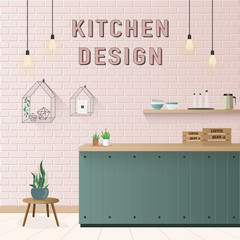 Pastel green Minimal pantry  Kitchen Interior on pink brick wall