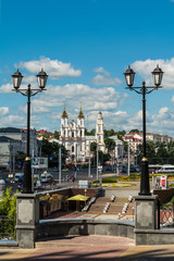 Belarus, Vitebsk. Architecture of the central part of the city. View of the cathedral, Lenin Street.