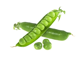 Ripe green peas on a white background