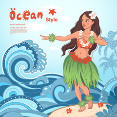 Naklejka premium Retro style Hawaiian beautiful hula girl