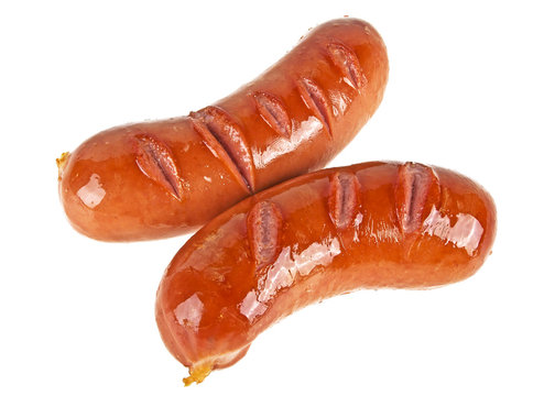 Smoked sausages on a white background