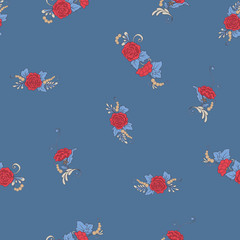 Floral seamless pattern, background with vintage style flowers  in red and blue colors.  Stock line vector illustration.