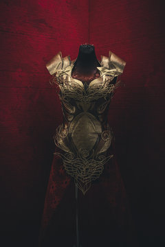 Golden armor for women. Carries pieces of gold and fabrics and feathers in red color