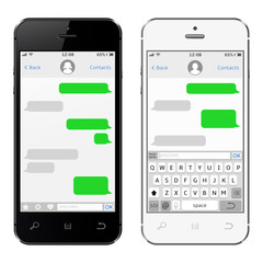 Smartphone black and white, chatting sms app template speech bubbles
