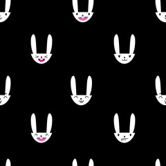 Fototapeta na wymiar Seamless pattern with cute Easter bunny faces with happy and lovely emotions, hand-drawn white rabbits with various expressions, EPS 10