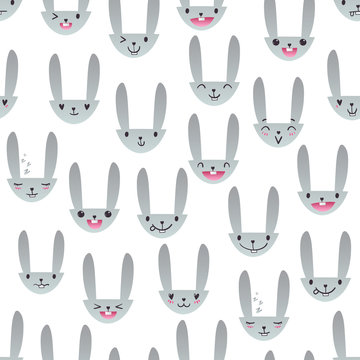 Seamless pattern with cute Easter bunny faces with happy and lovely emotions, hand-drawn gray rabbits with various expressions, EPS 10