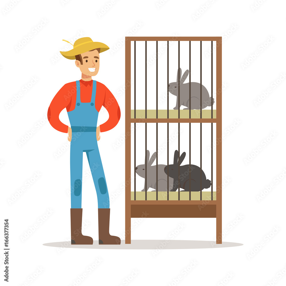 Sticker Smiling farmer standing next to rabbit cages, farming and agriculture vector Illustration