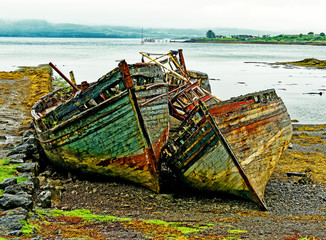Artistic rendering of derelict fishing boats near Tobermory on the Isle of Mull, Inner Hebrides, Scotland, United Kingdom
