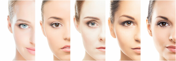 Collage of various spa female portraits. Face lifting, skincare, plastic surgery and make-up concept.