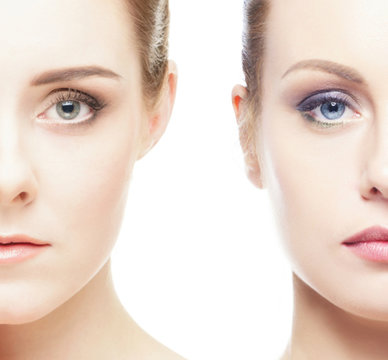Collage of two spa female portraits. Face lifting, skincare, plastic surgery and make-up concept.
