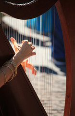 Street musician playing Harp in the streets of milan