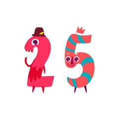 Vector cute animallike character number twenty five 25. Flat cartoon illustration on a white background. Happy birthday, new year decorative numbers. Funny smiling colored math, education symbols
